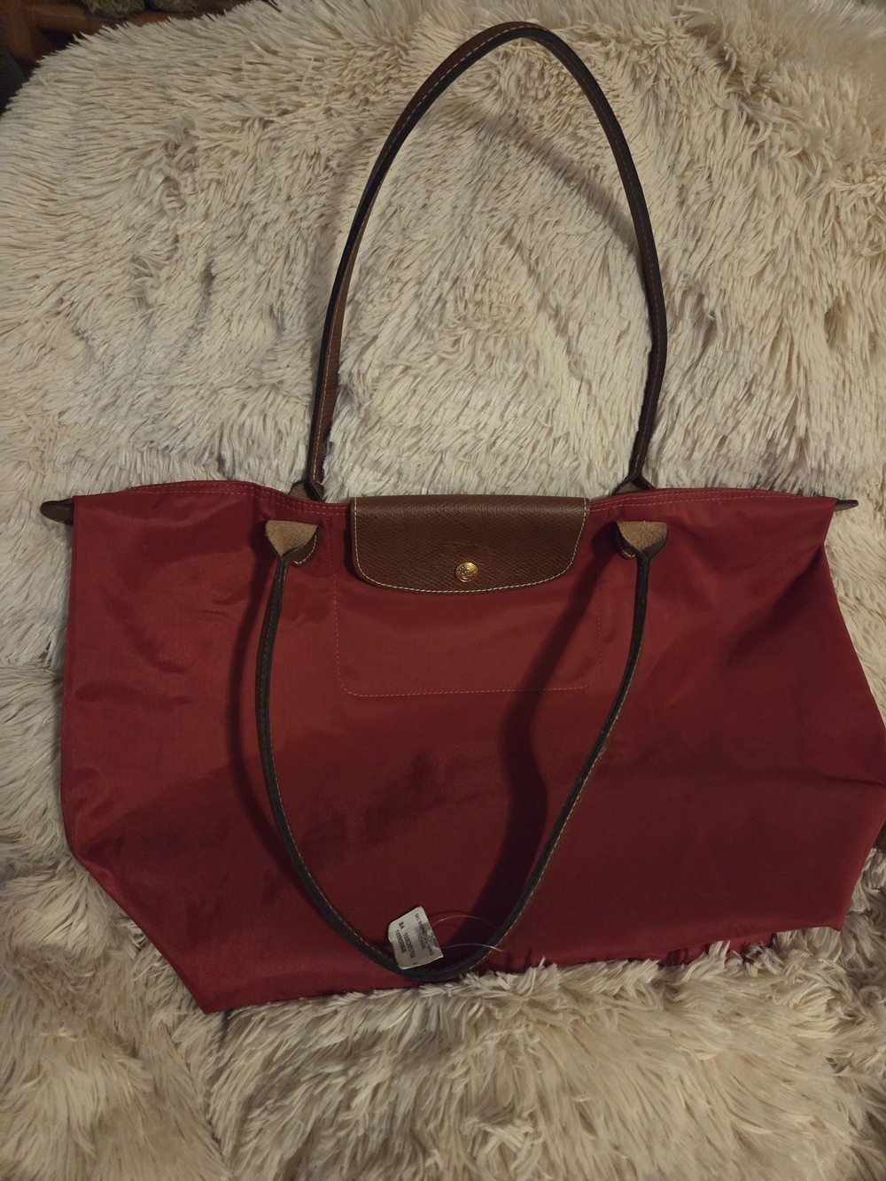 Red Tote Shoulder Bag with Brown Trim
